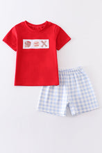 Load image into Gallery viewer, Blue plaid baseball embroidery boy set
