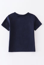Load image into Gallery viewer, Navy he is risen embroidery boy top
