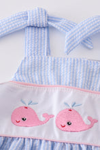 Load image into Gallery viewer, Blue seersucker whale embroidery dress
