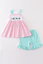 Load image into Gallery viewer, Pink tractor embroidery plaid girl set
