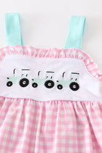 Load image into Gallery viewer, Pink tractor embroidery plaid girl set
