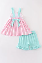 Load image into Gallery viewer, Pink tractor embroidery plaid girl set
