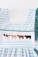 Load image into Gallery viewer, Blue stripe cow embroidery dress
