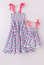 Load image into Gallery viewer, Blue ribbon lace charm smocked mom&amp;me dress
