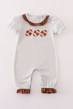 Load image into Gallery viewer, Brown football french knot stripe girl romper
