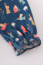 Load image into Gallery viewer, Navy nativity print ruffle gown
