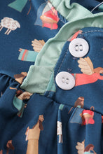 Load image into Gallery viewer, Navy nativity print ruffle gown
