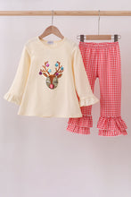 Load image into Gallery viewer, Beige reindeer sequin ruffle pants set
