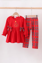 Load image into Gallery viewer, Red tree embroidery plaid bow pants set
