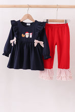 Load image into Gallery viewer, Navy christmas santa cookie milk embroidery ruffle pants set
