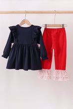 Load image into Gallery viewer, Navy christmas santa cookie milk embroidery ruffle pants set
