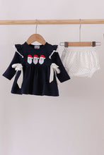 Load image into Gallery viewer, Navy christmas santa claus embroidery ruffle bloomer set
