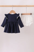 Load image into Gallery viewer, Navy christmas santa claus embroidery ruffle bloomer set

