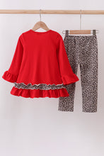 Load image into Gallery viewer, Red santa claus applique leopard ruffle pants set
