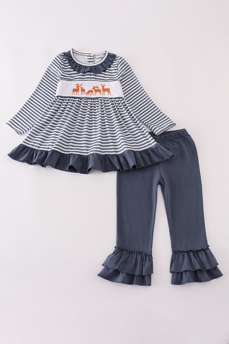 Navy deer embroidery ruffle pants set