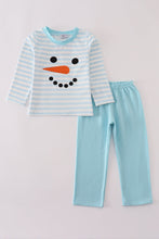 Load image into Gallery viewer, Blue snowman embroidery stripe pants set
