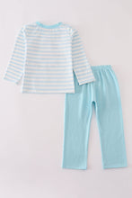 Load image into Gallery viewer, Blue snowman embroidery stripe pants set
