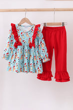 Load image into Gallery viewer, Blue christmas character print ruffle pants set
