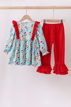 Load image into Gallery viewer, Blue christmas character print ruffle pants set
