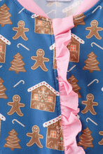 Load image into Gallery viewer, Navy gingerbread print ruffle romper
