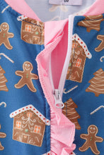 Load image into Gallery viewer, Navy gingerbread print ruffle romper
