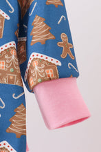 Load image into Gallery viewer, Navy gingerbread print ruffle romper
