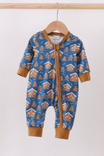Load image into Gallery viewer, Navy gingerbread print romper
