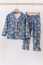 Load image into Gallery viewer, Navy gingerbread print ruffle pajamas set
