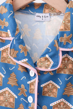 Load image into Gallery viewer, Navy gingerbread print ruffle pajamas set

