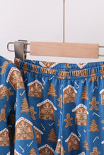 Load image into Gallery viewer, Navy gingerbread print ruffle pajamas set
