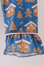Load image into Gallery viewer, Navy gingerbread print ruffle pajamas set
