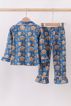 Load image into Gallery viewer, Navy gingerbread print ruffle pajamas set
