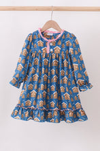 Load image into Gallery viewer, Navy gingerbread print ruffle gown
