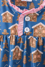 Load image into Gallery viewer, Navy gingerbread print ruffle gown
