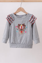 Load image into Gallery viewer, Grey reindeer applique ruffle top
