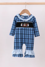 Load image into Gallery viewer, Navy nativity embroidery plaid ruffle romper
