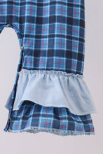 Load image into Gallery viewer, Navy nativity embroidery plaid ruffle romper
