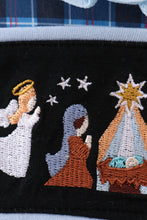 Load image into Gallery viewer, Navy nativity embroidery plaid ruffle romper
