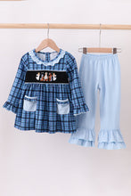 Load image into Gallery viewer, Navy nativity embroidery plaid ruffle pants set
