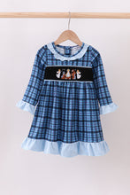 Load image into Gallery viewer, Navy nativity embroidery plaid ruffle dress
