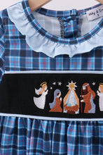 Load image into Gallery viewer, Navy nativity embroidery plaid ruffle dress
