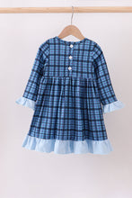 Load image into Gallery viewer, Navy nativity embroidery plaid ruffle dress
