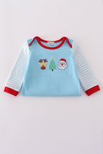 Load image into Gallery viewer, Blue deer tree santa embroidery ruffle romper
