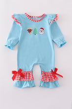 Load image into Gallery viewer, Blue deer tree santa embroidery ruffle romper
