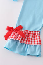 Load image into Gallery viewer, Blue deer tree santa embroidery ruffle romper
