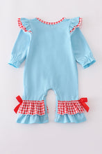 Load image into Gallery viewer, Blue deer tree santa embroidery ruffle romper
