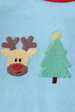 Load image into Gallery viewer, Blue deer tree santa embroidery ruffle romper
