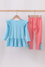 Load image into Gallery viewer, Blue deer tree santa embroidery ruffle pants set
