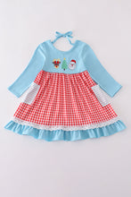 Load image into Gallery viewer, Blue deer tree santa embroidery ruffle dress
