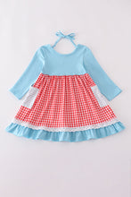 Load image into Gallery viewer, Blue deer tree santa embroidery ruffle dress
